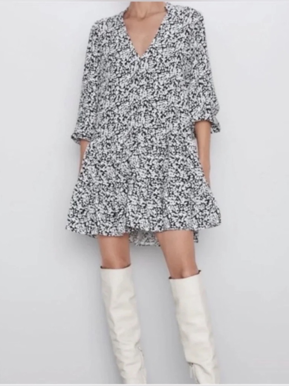 ZARA | “The Claris” Black & White V-Neck Long Sleeve Ruffle Women Mini Dress